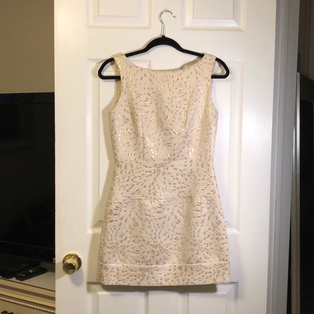 Cream, metallic gold dress